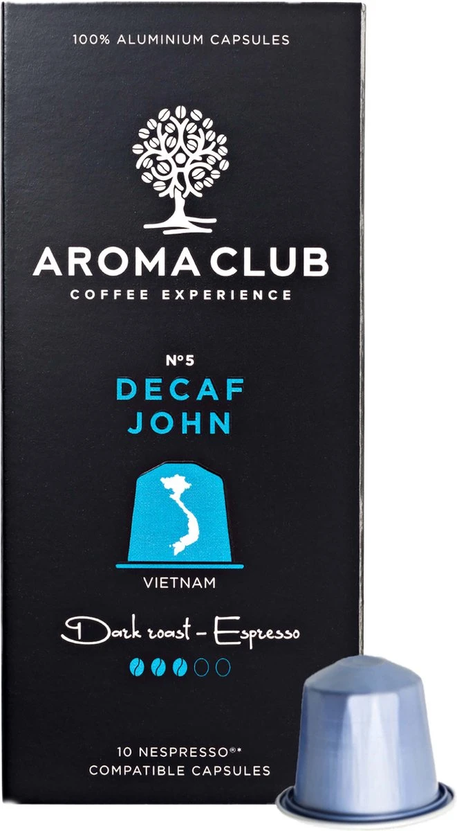 Aroma Club - Nespresso Compatible Capsules (120 St.) - No. 5 Decaf John - Intensiteit 3/5 - Decaf - 100% Aluminium Koffiecups